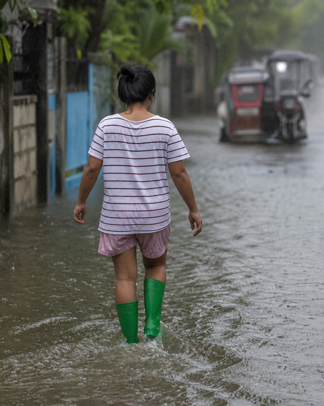 Person in rubber boots wading through shallow floodwater on a Philippine street, shown as an illustrative editorial image