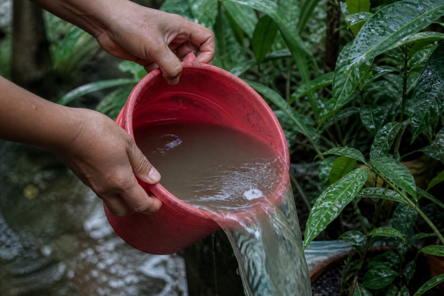 Emptying a pail of stagnant rainwater in a home garden to stop mosquitoes from breeding, shown as an illustrative editorial image