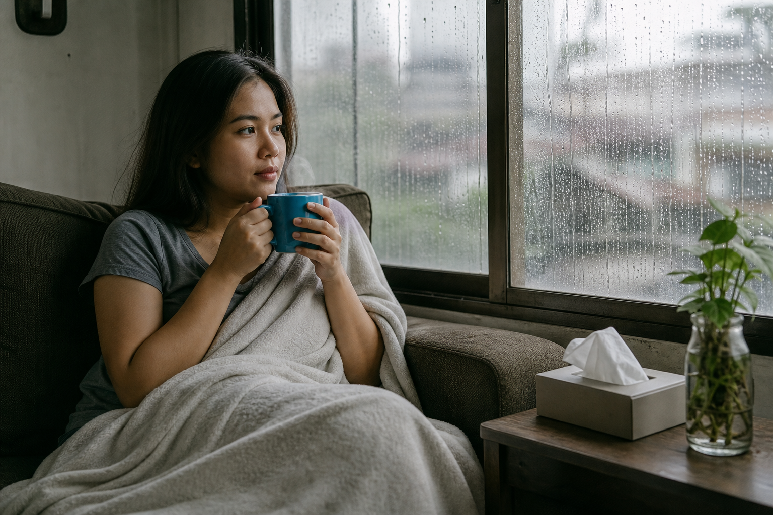 Person resting at home with a warm drink by a rain-streaked window, shown as an illustrative editorial image
