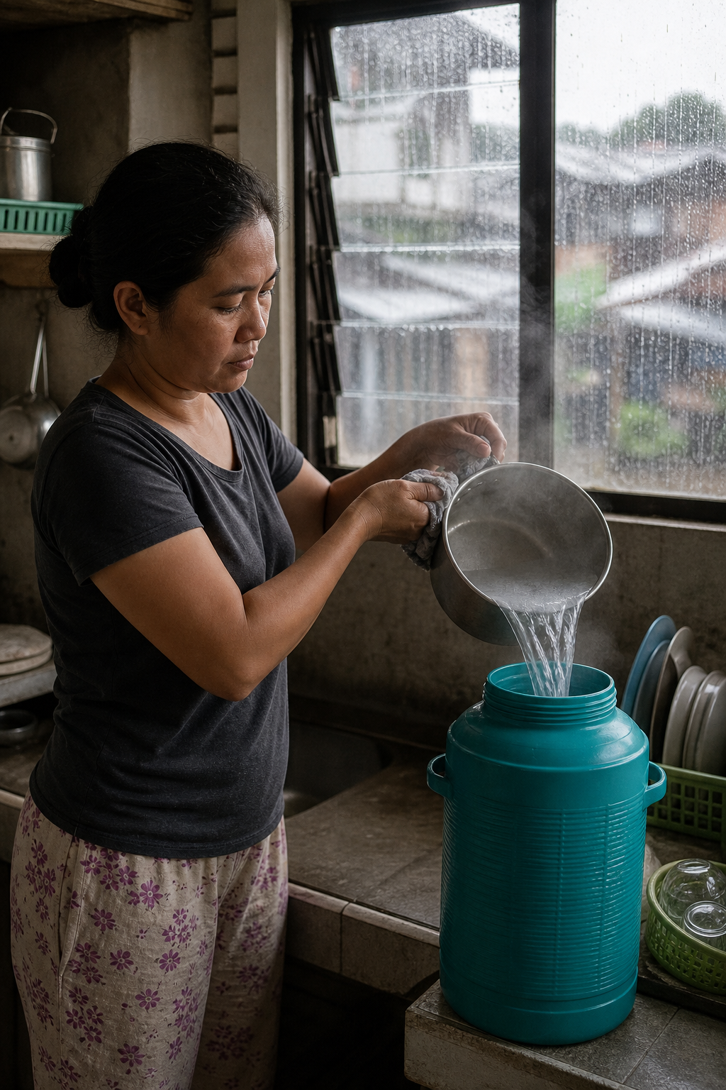 Pouring freshly boiled water into a clean container in a Filipino kitchen on a rainy day, shown as an illustrative editorial image